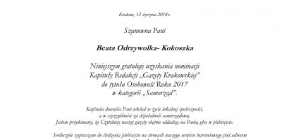 Nominacja w plebiscycie o tytuł Osobowości Roku 2017 za dbanie o interesy lokalnej społeczności